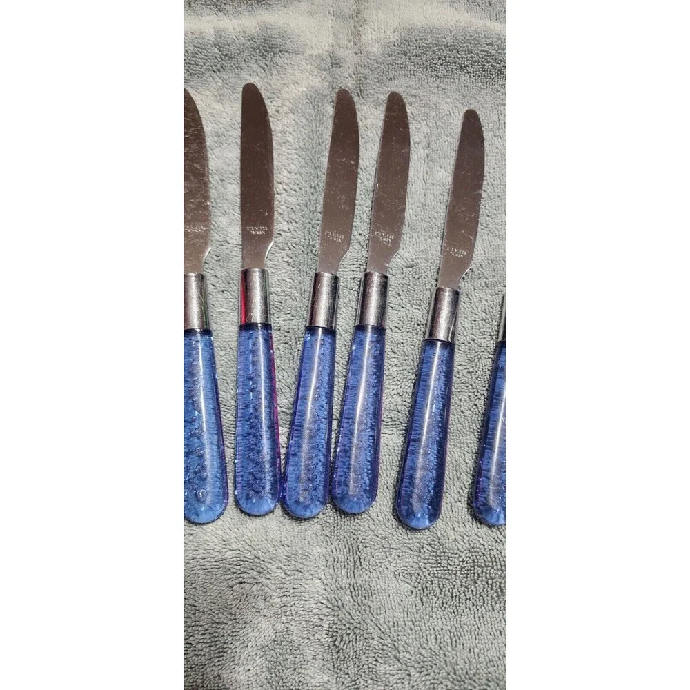 Vtg Flatware Stainless Steel Silverware 10 Settings Blue Lucite Plastic